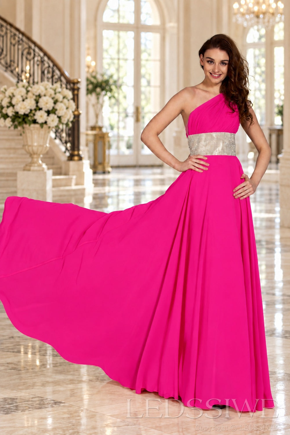 fuchsia one-shoulder chiffon a-line prom dress with beaded waist and ruched bodice