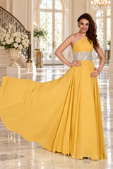 gold one-shoulder chiffon a-line prom dress with beaded waist and ruched bodice