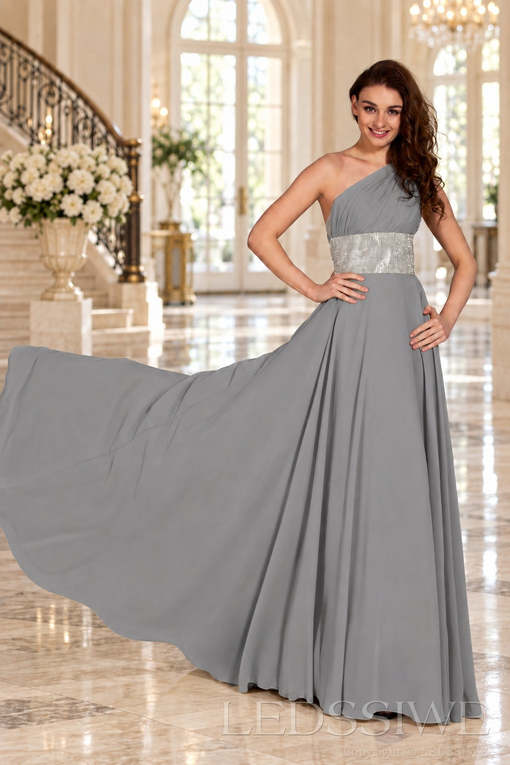 grey one-shoulder chiffon a-line prom dress with beaded waist and ruched bodice