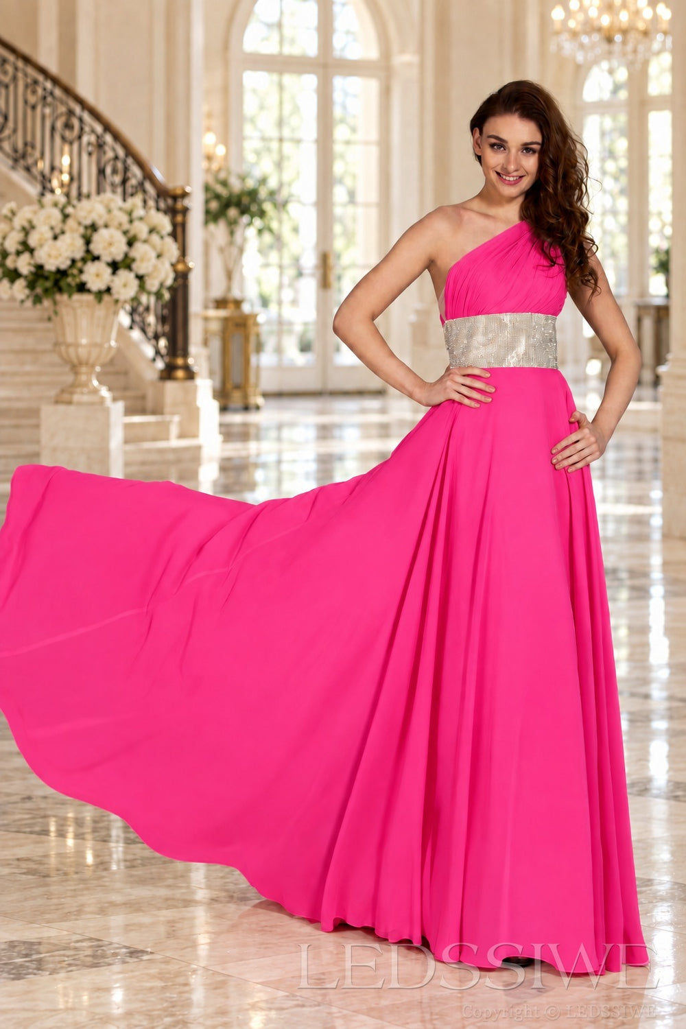hot-pink one-shoulder chiffon a-line prom dress with beaded waist and ruched bodice
