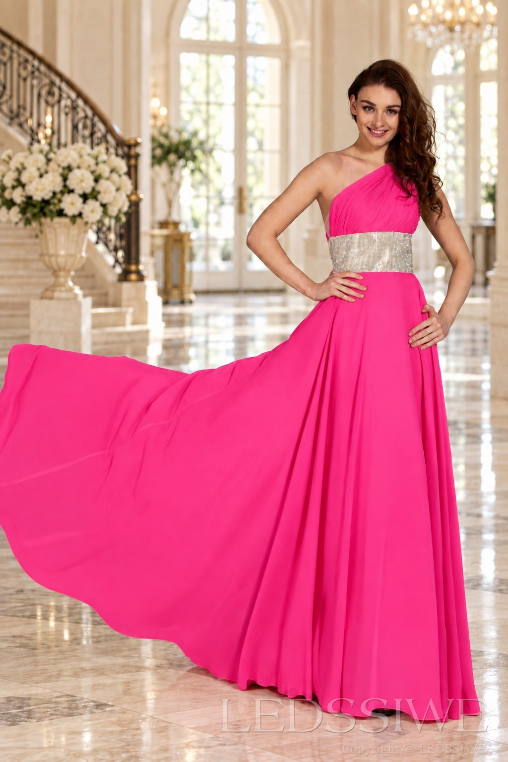 hot-pink one-shoulder chiffon a-line prom dress with beaded waist and ruched bodice