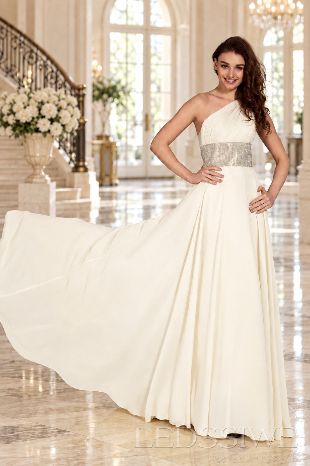 ivory one-shoulder chiffon a-line prom dress with beaded waist and ruched bodice