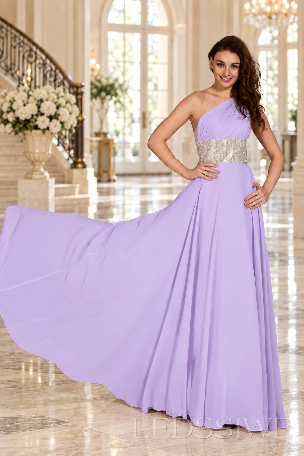 lavender one-shoulder chiffon a-line prom dress with beaded waist and ruched bodice