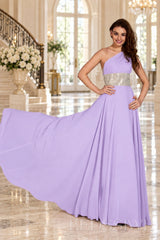 lavender one-shoulder chiffon a-line prom dress with beaded waist and ruched bodice