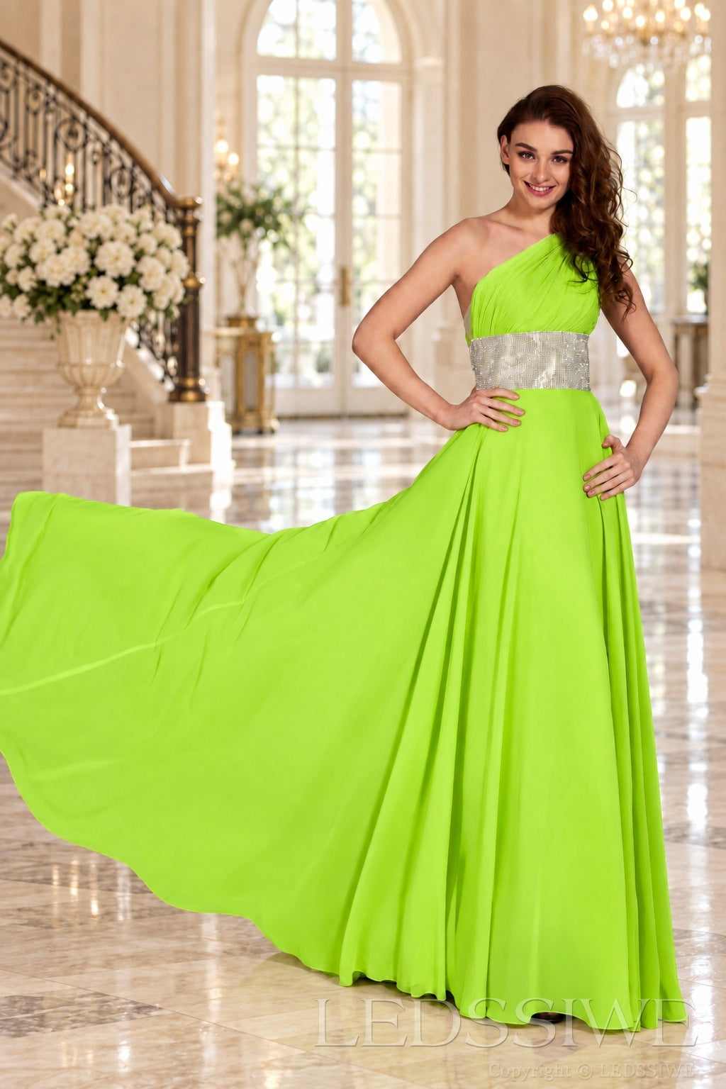 lime-green one-shoulder chiffon a-line prom dress with beaded waist and ruched bodice