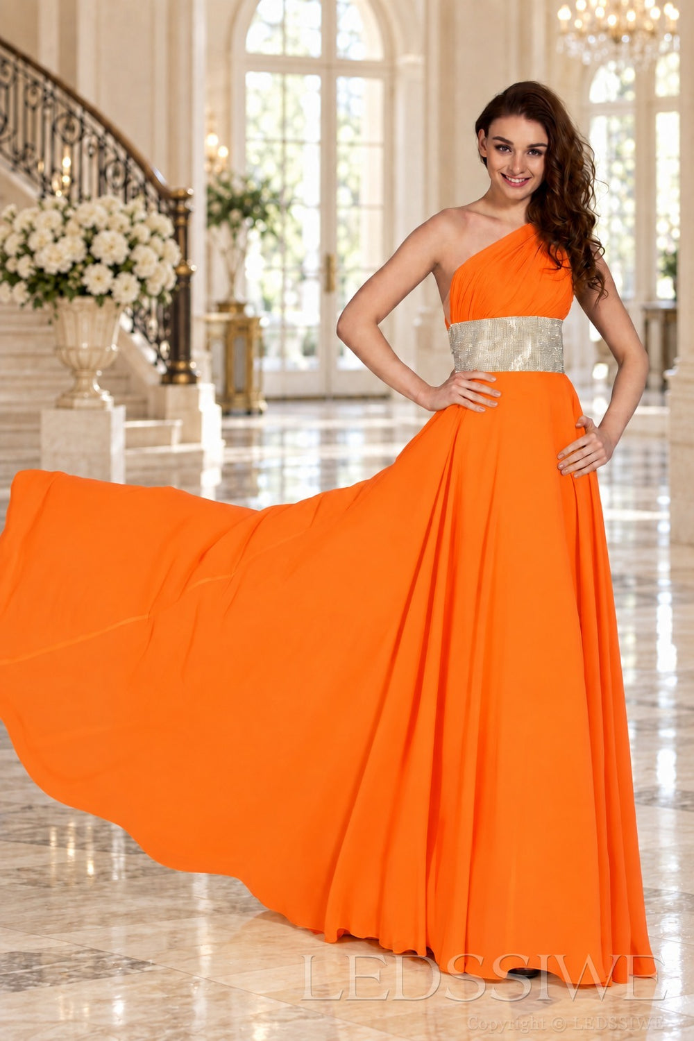 orange one-shoulder chiffon a-line prom dress with beaded waist and ruched bodice