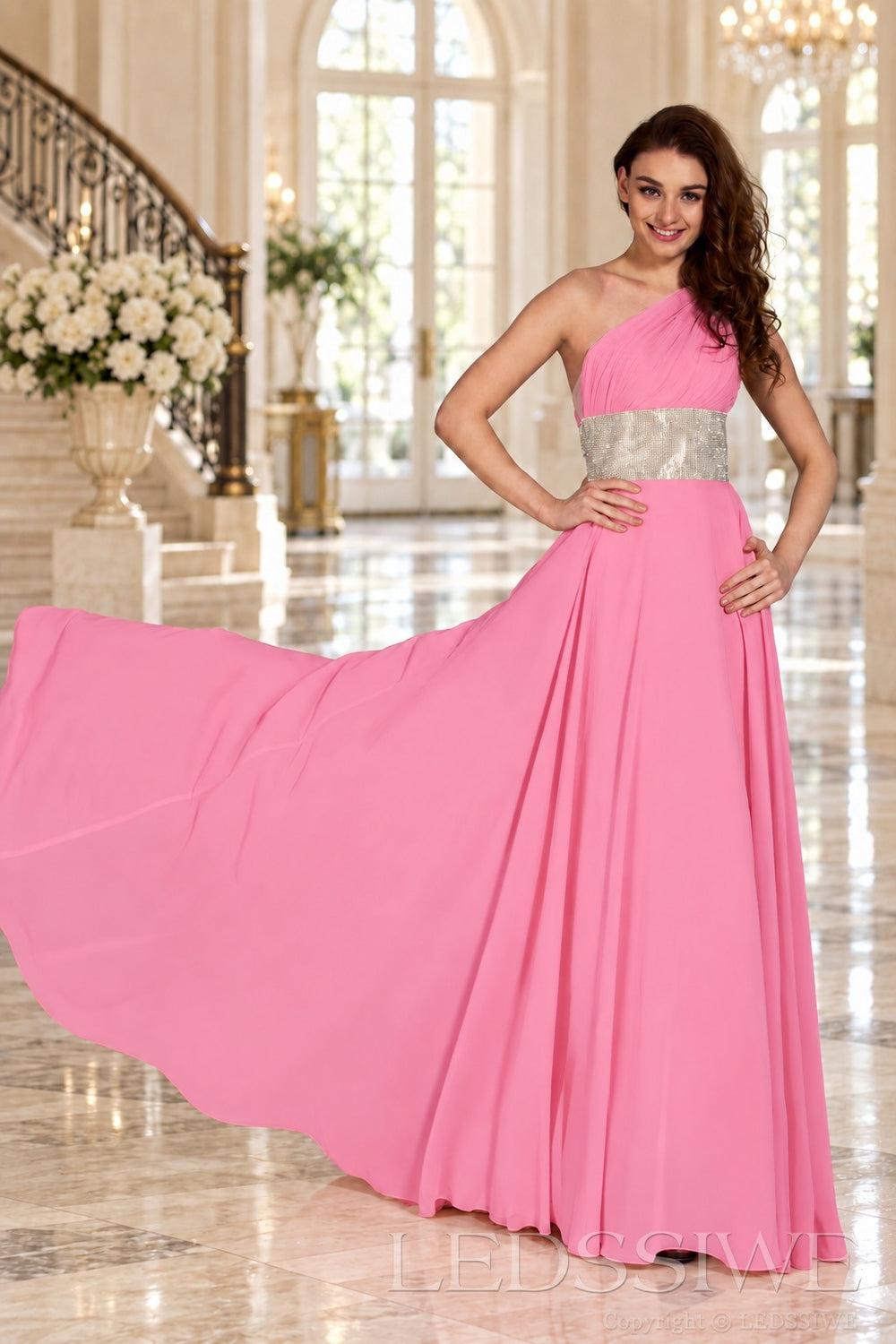 pink one-shoulder chiffon a-line prom dress with beaded waist and ruched bodice