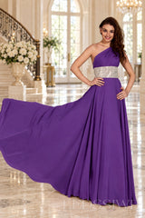 purple one-shoulder chiffon a-line prom dress with beaded waist and ruched bodice