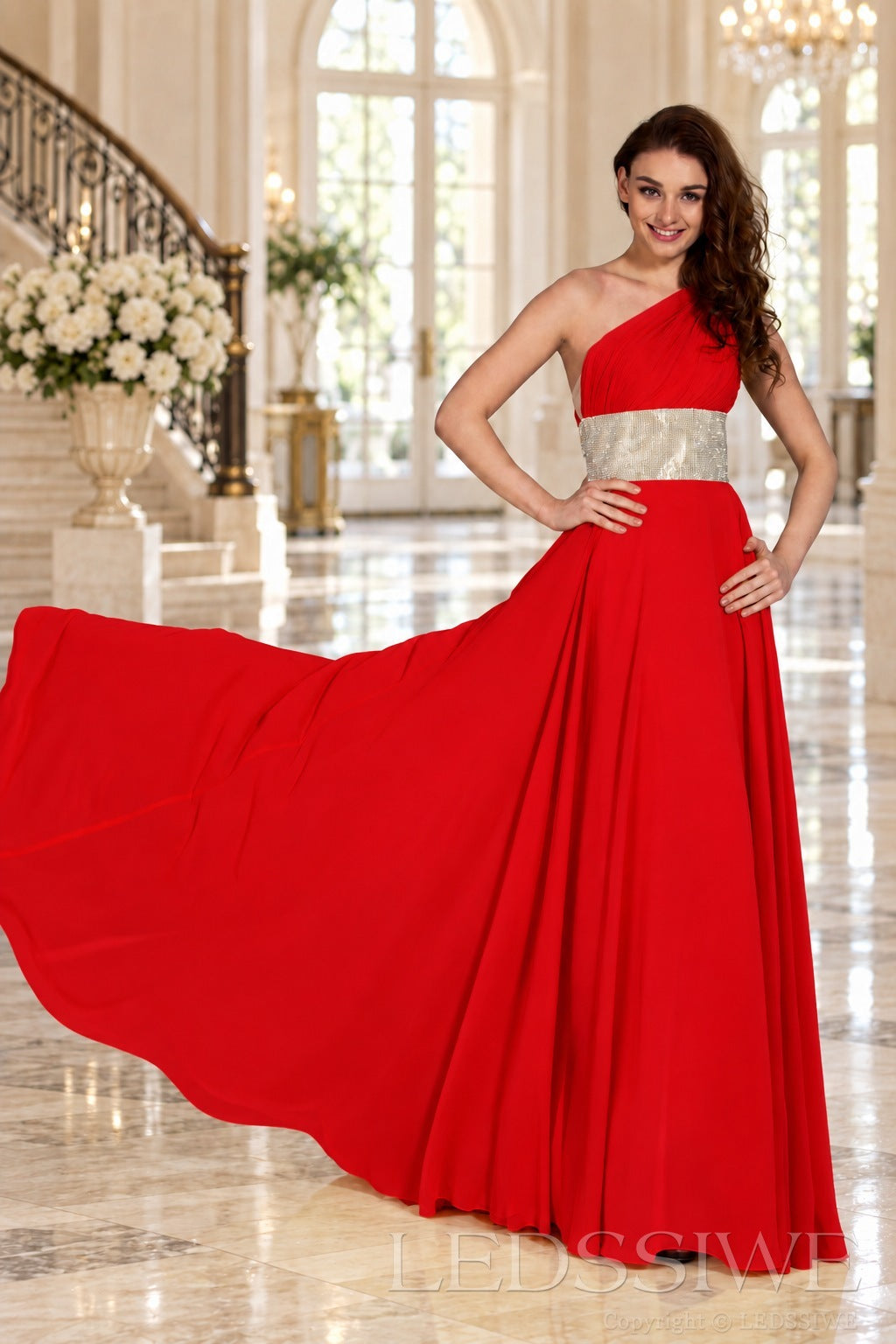 red one-shoulder chiffon a-line prom dress with beaded waist and ruched bodice