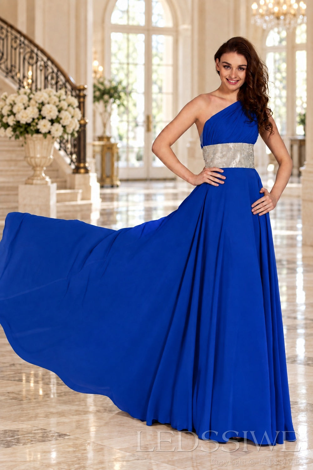 royal-blue one-shoulder chiffon a-line prom dress with beaded waist and ruched bodice