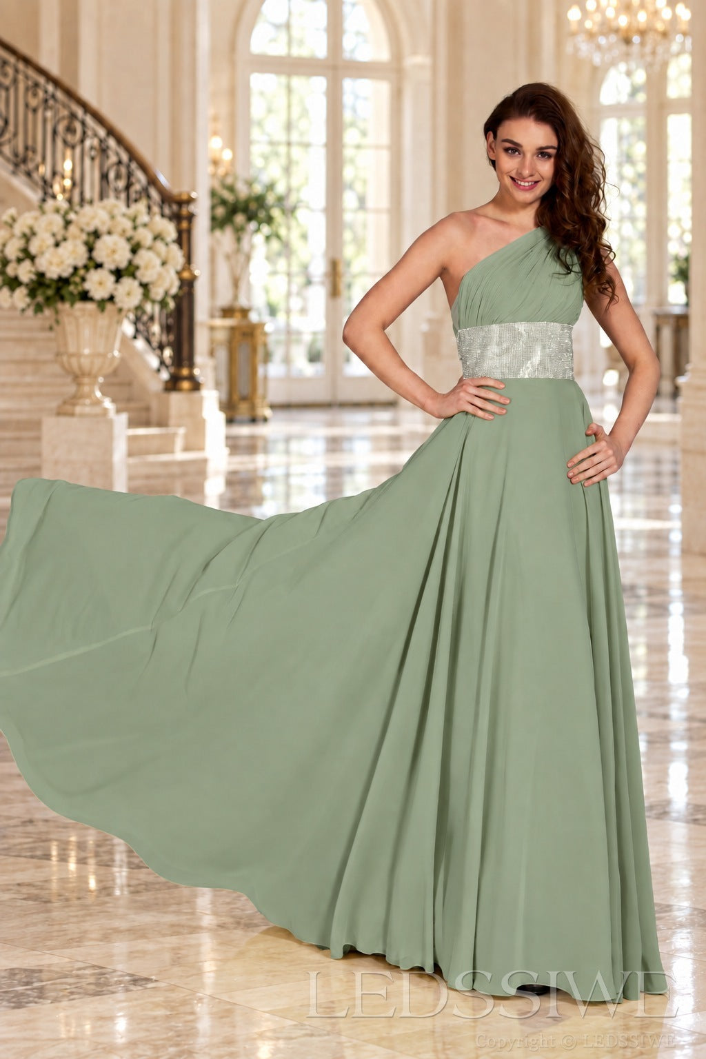 sage one-shoulder chiffon a-line prom dress with beaded waist and ruched bodice