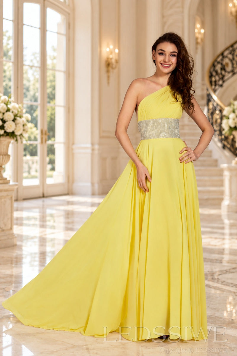 daffodil one-shoulder chiffon a-line prom dress with beaded waist and ruched bodice front view