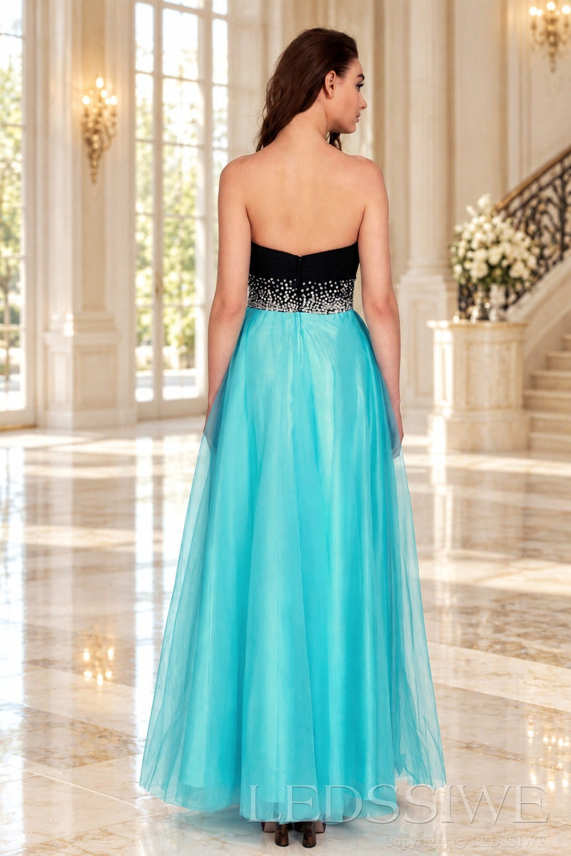 jade strapless chiffon sweetheart a-line prom dress with beaded waist back view