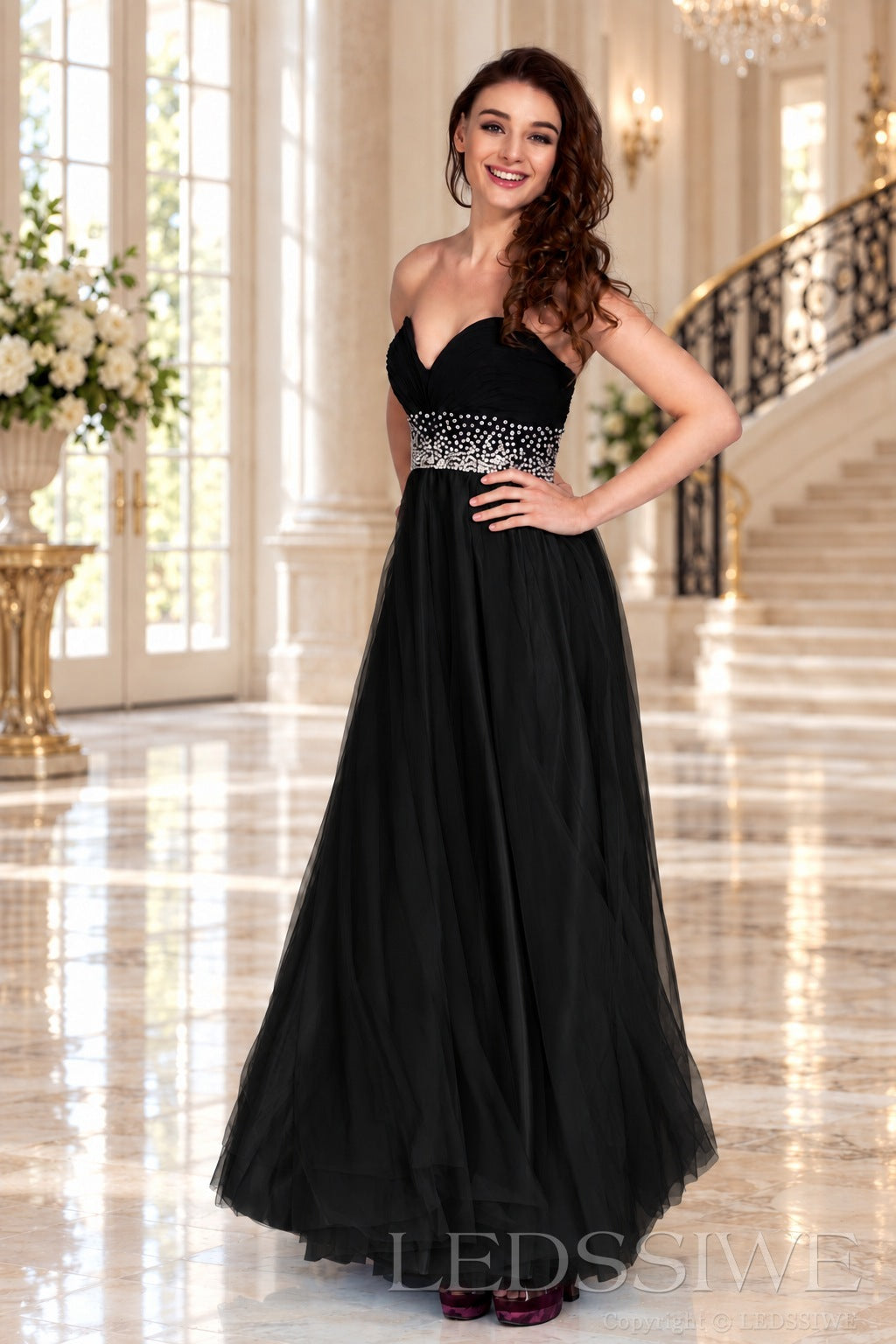 black strapless chiffon sweetheart a-line prom dress with beaded waist