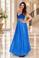 blue strapless chiffon sweetheart a-line prom dress with beaded waist