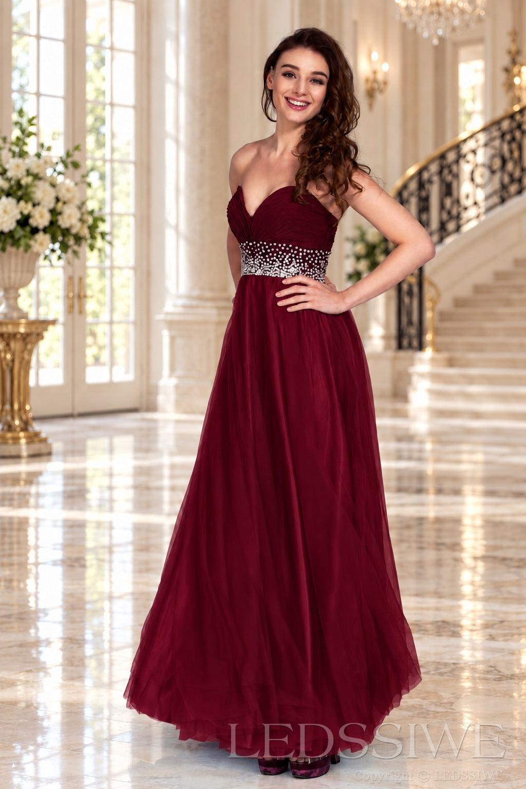 burgundy strapless chiffon sweetheart a-line prom dress with beaded waist