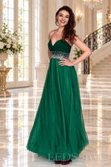 emerald strapless chiffon sweetheart a-line prom dress with beaded waist