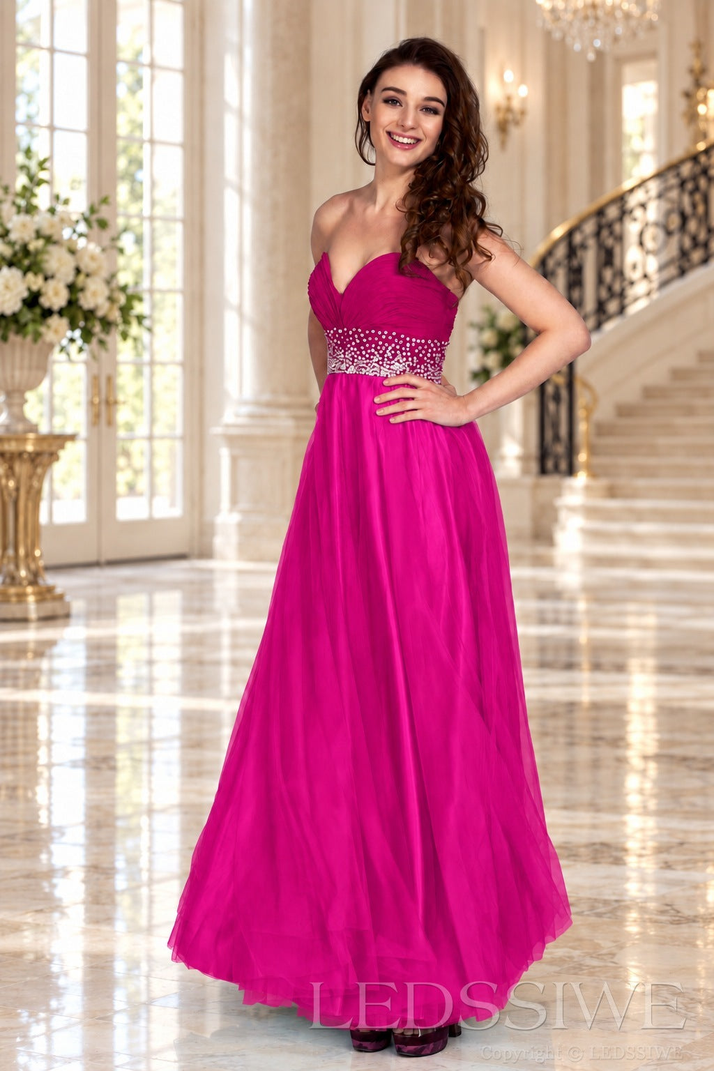 fuchsia strapless chiffon sweetheart a-line prom dress with beaded waist