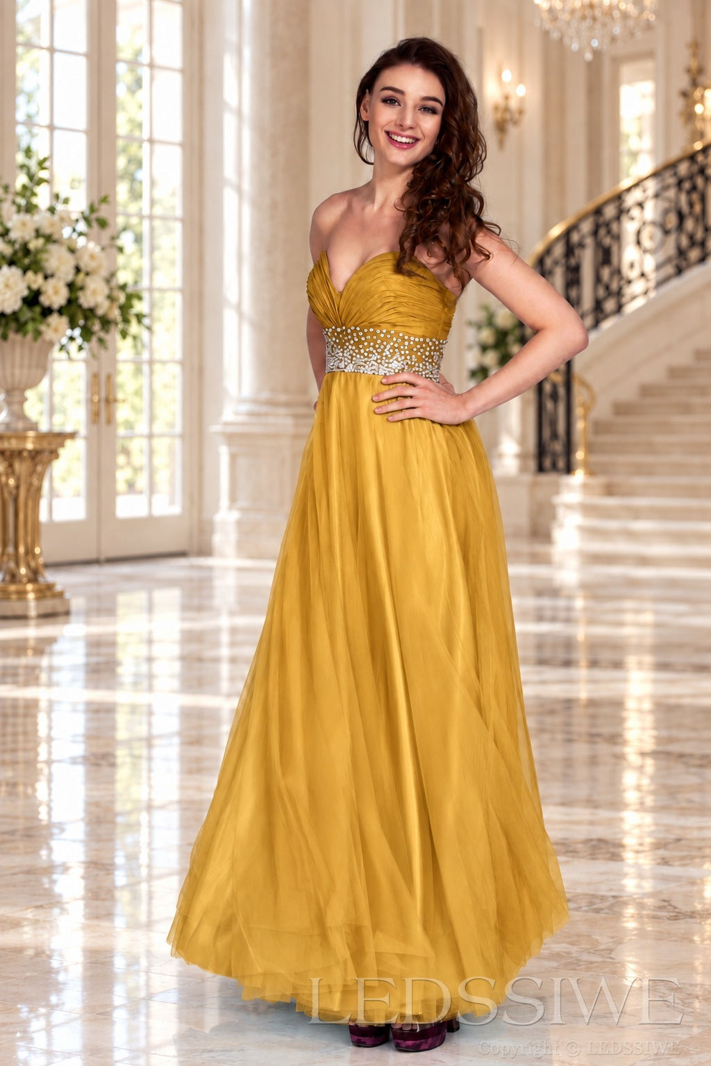 gold strapless chiffon sweetheart a-line prom dress with beaded waist