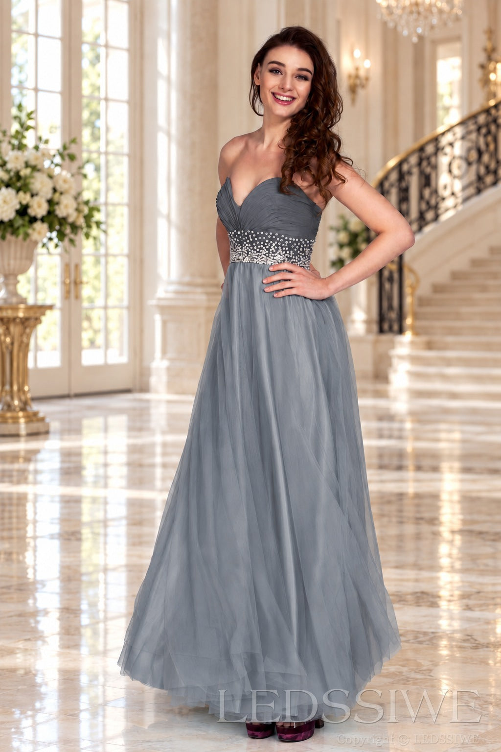 grey strapless chiffon sweetheart a-line prom dress with beaded waist