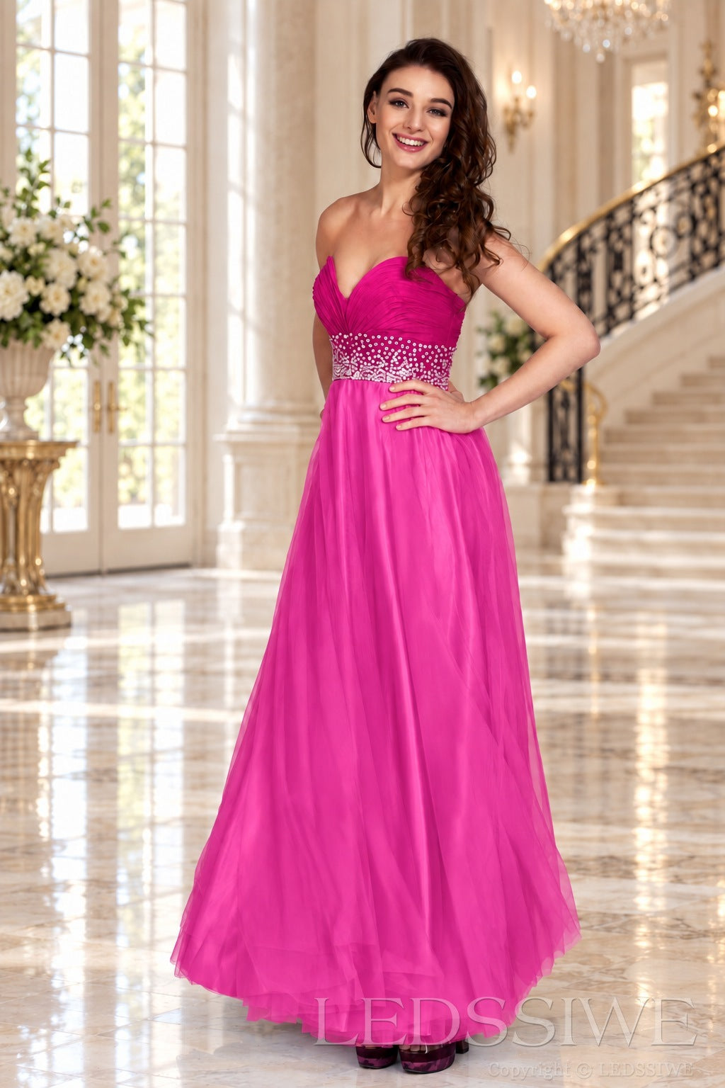 hot-pink strapless chiffon sweetheart a-line prom dress with beaded waist