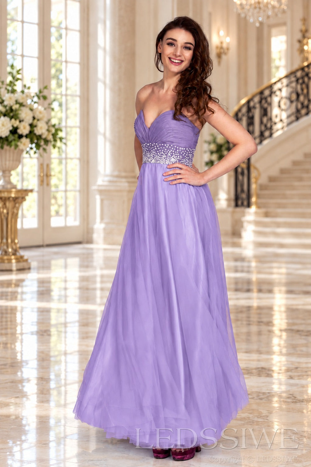 lavender strapless chiffon sweetheart a-line prom dress with beaded waist