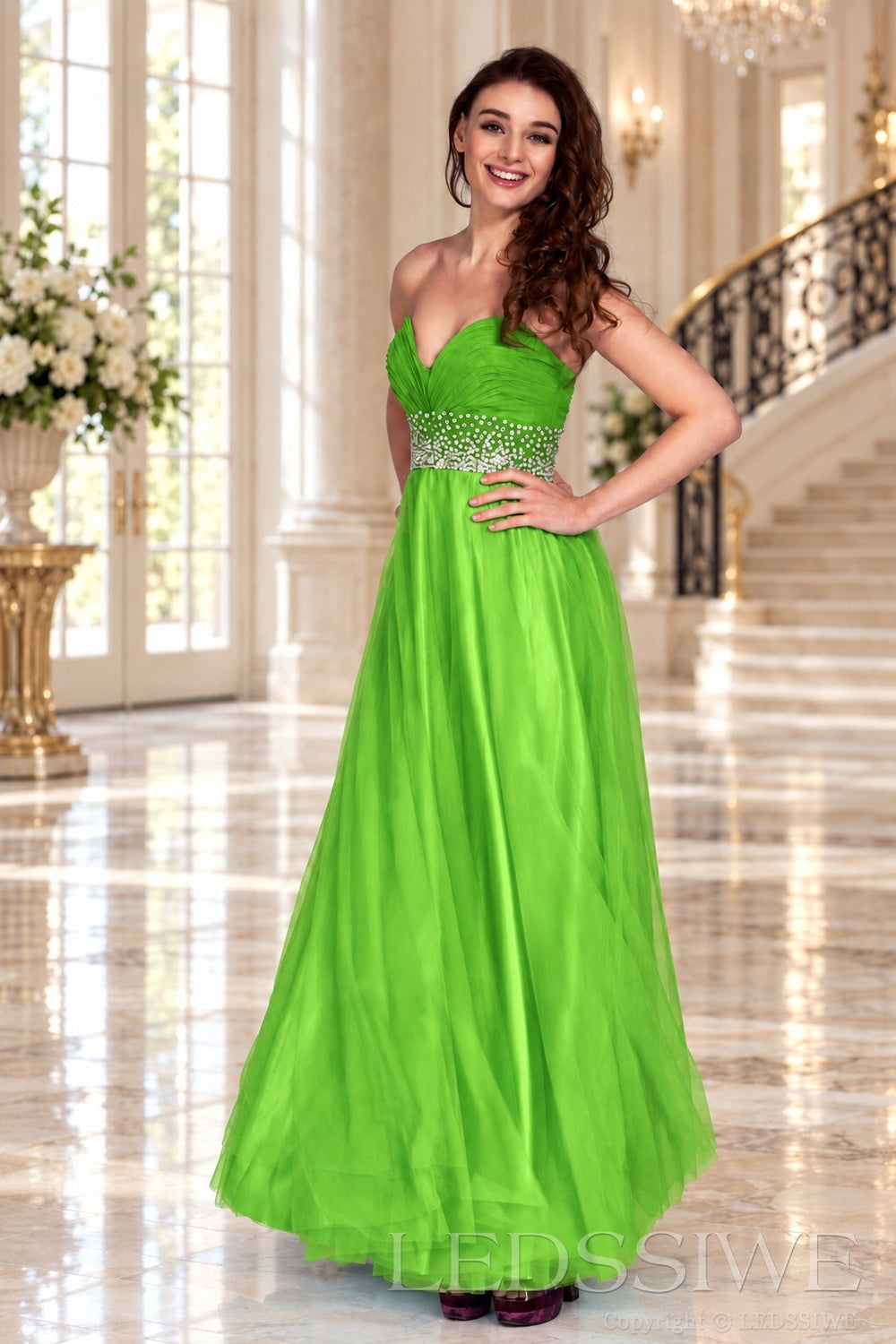 lime-green strapless chiffon sweetheart a-line prom dress with beaded waist