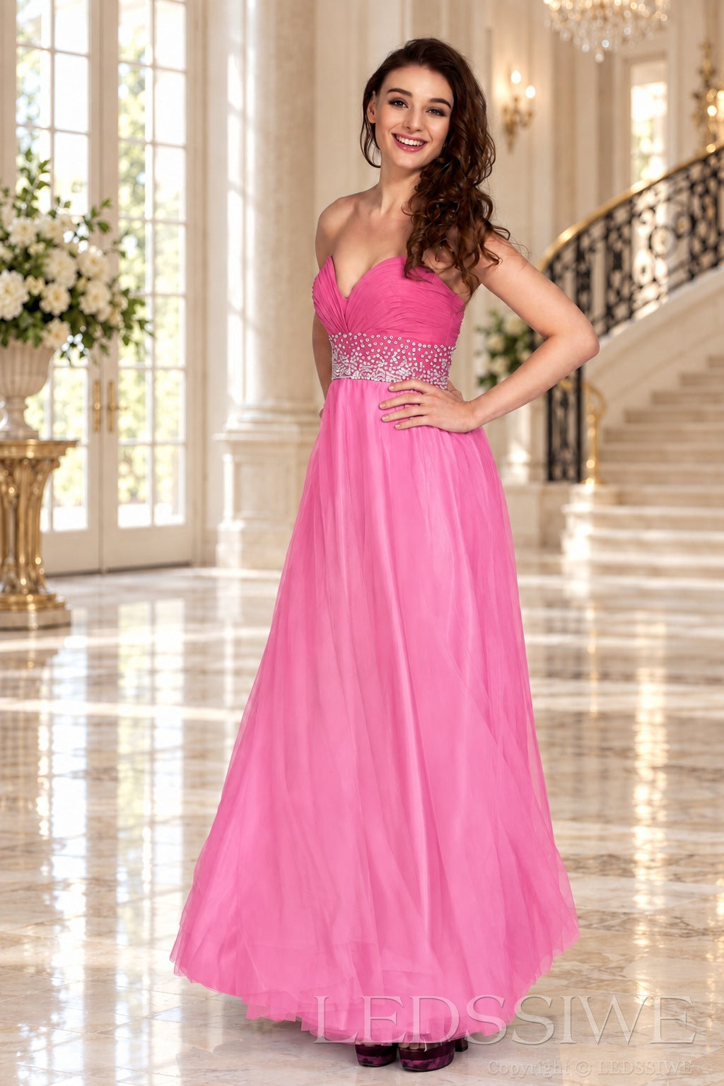 pink strapless chiffon sweetheart a-line prom dress with beaded waist