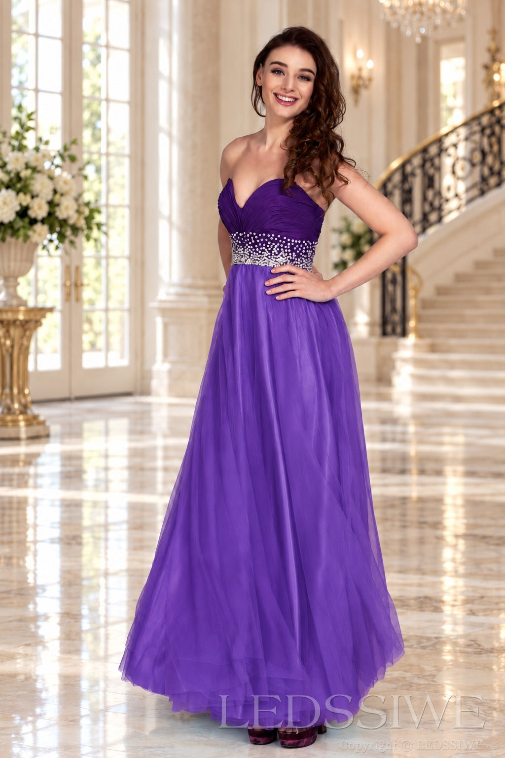 purple strapless chiffon sweetheart a-line prom dress with beaded waist