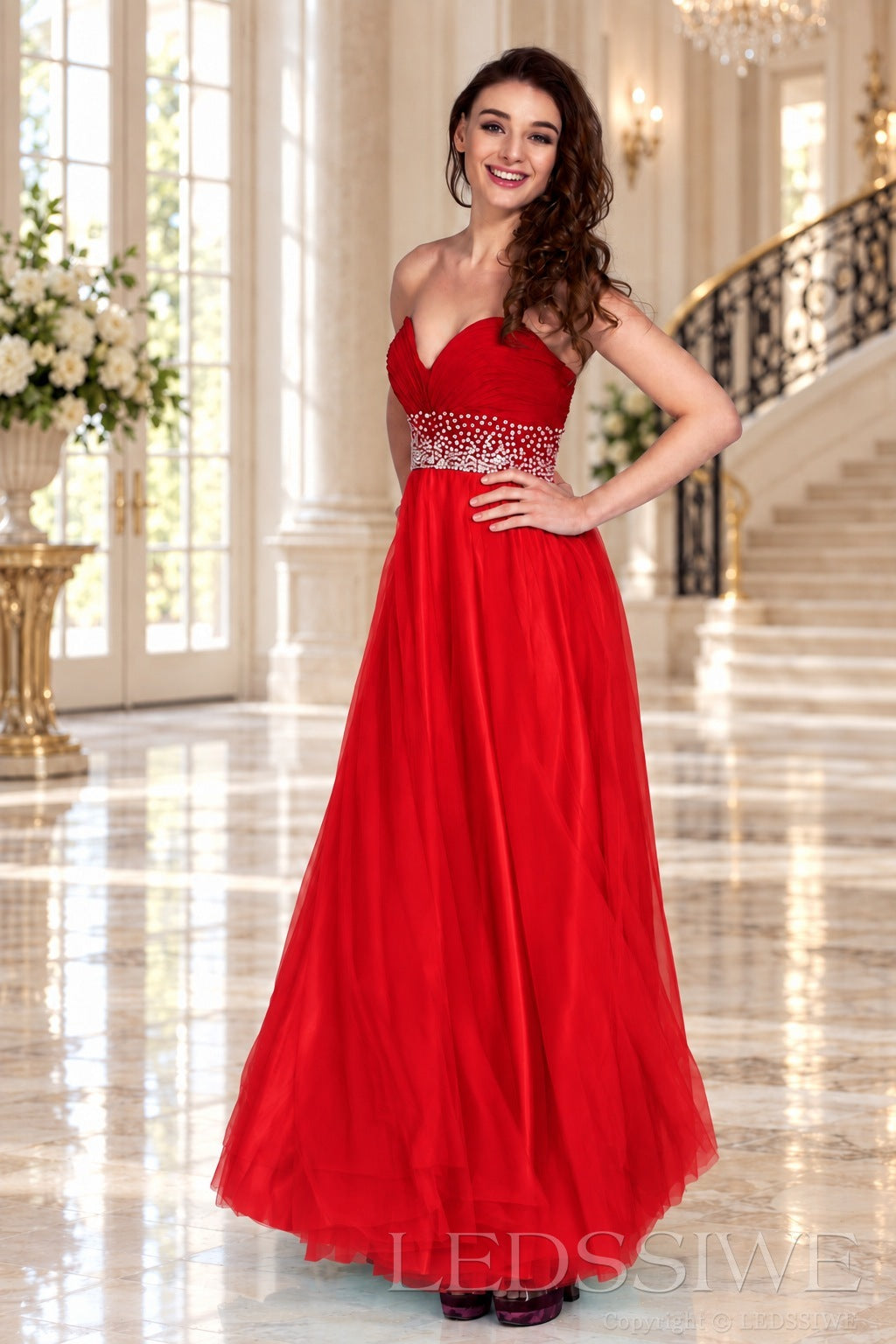 red strapless chiffon sweetheart a-line prom dress with beaded waist