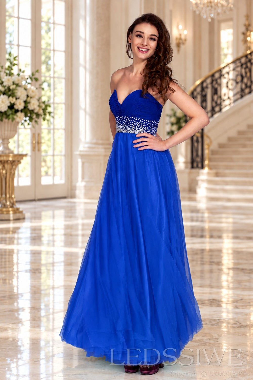 royal-blue strapless chiffon sweetheart a-line prom dress with beaded waist