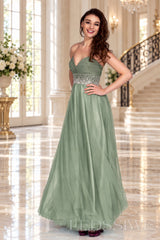 sage strapless chiffon sweetheart a-line prom dress with beaded waist
