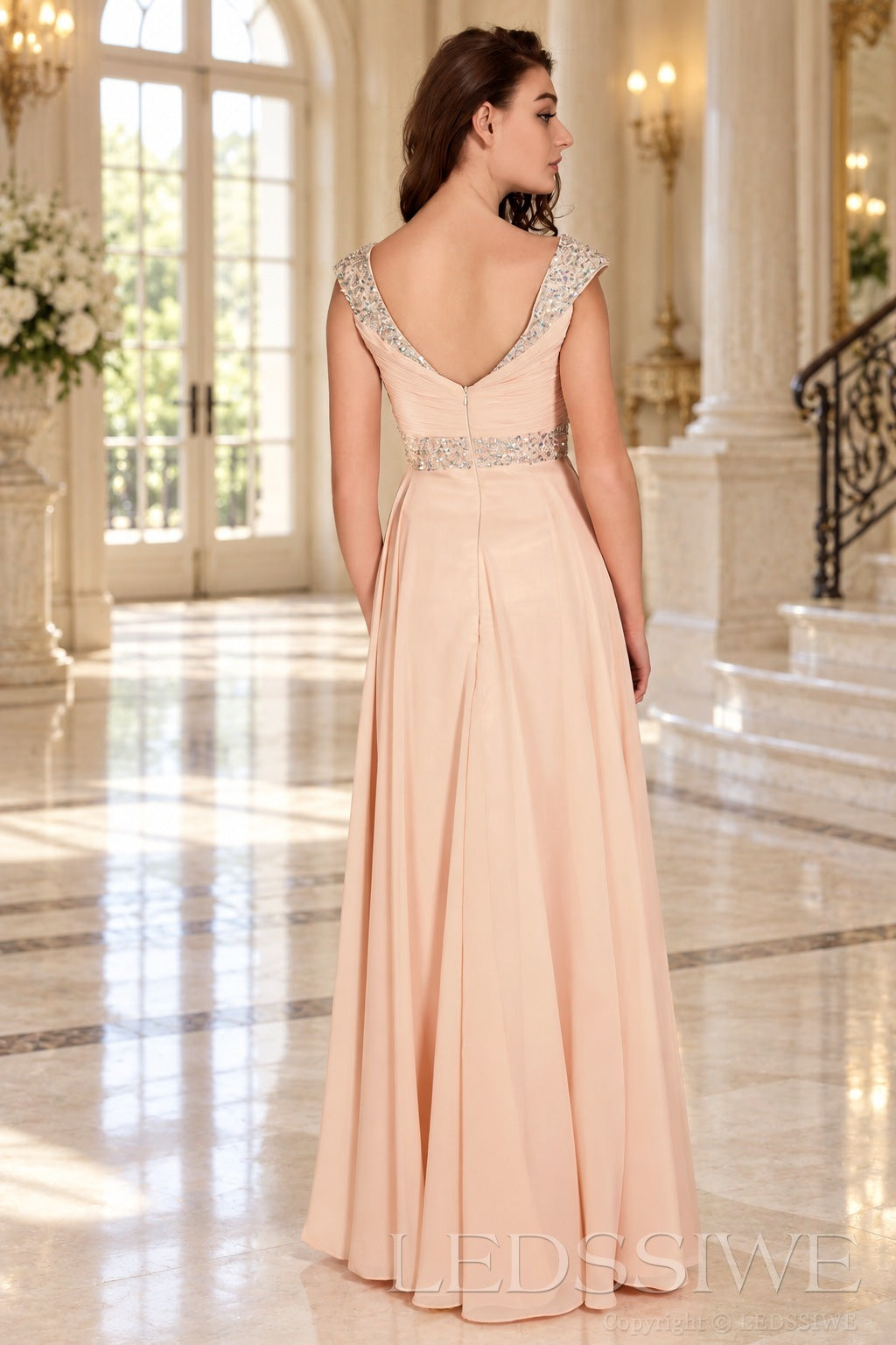 pink one-shoulder chiffon a-line prom dress with beaded strap and waist back view