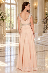 pink one-shoulder chiffon a-line prom dress with beaded strap and waist back view