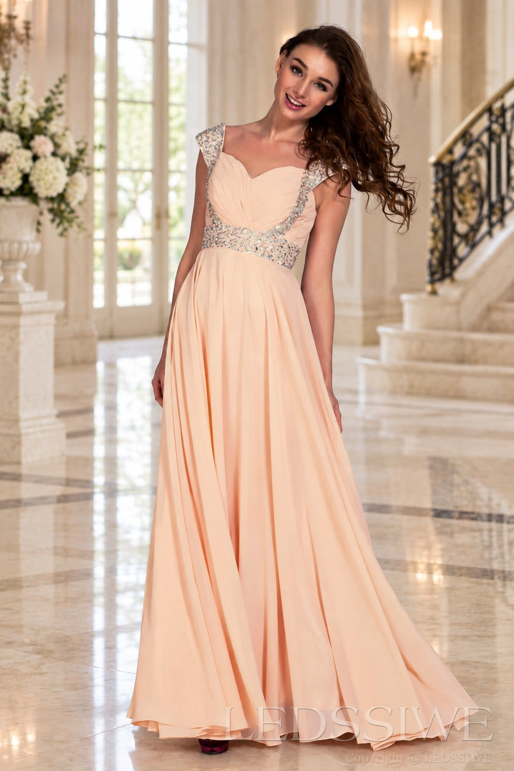 pink one-shoulder chiffon a-line prom dress with beaded strap and waist side view