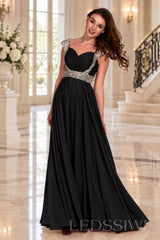 black one-shoulder chiffon a-line prom dress with beaded strap and waist