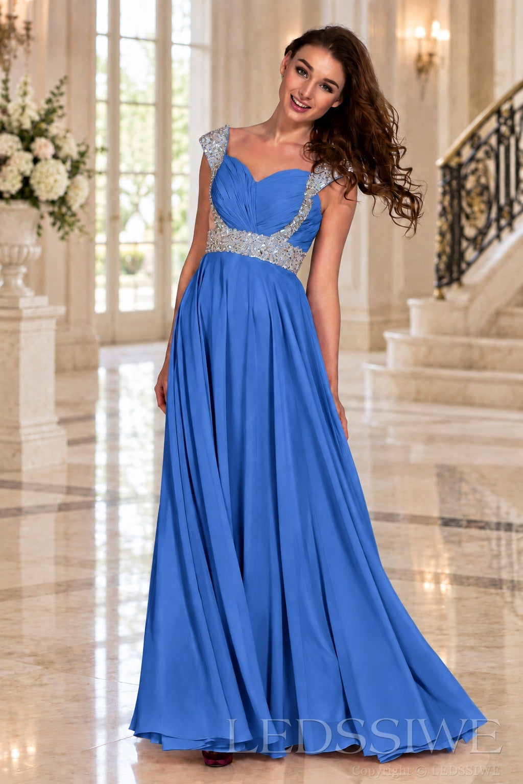 blue one-shoulder chiffon a-line prom dress with beaded strap and waist