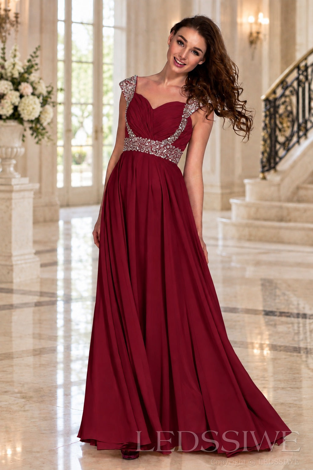 burgundy one-shoulder chiffon a-line prom dress with beaded strap and waist
