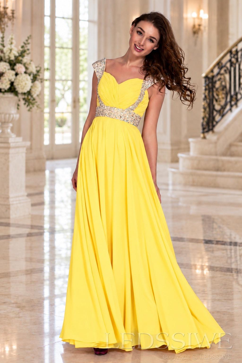 daffodil one-shoulder chiffon a-line prom dress with beaded strap and waist