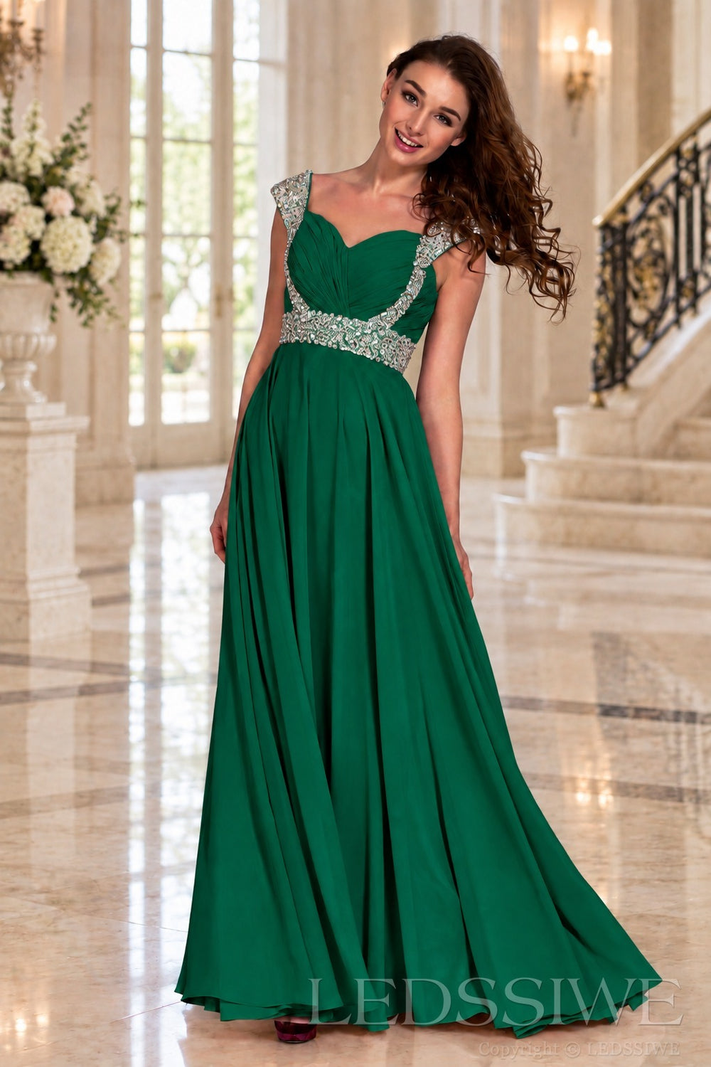 emerald one-shoulder chiffon a-line prom dress with beaded strap and waist