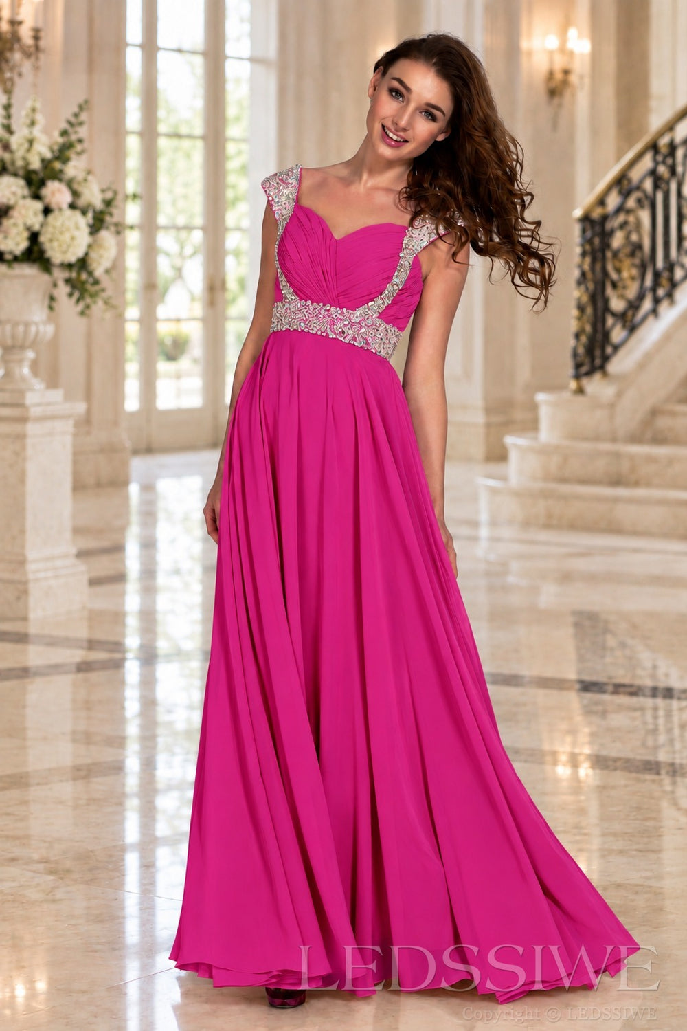 fuchsia one-shoulder chiffon a-line prom dress with beaded strap and waist