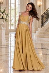 gold one-shoulder chiffon a-line prom dress with beaded strap and waist