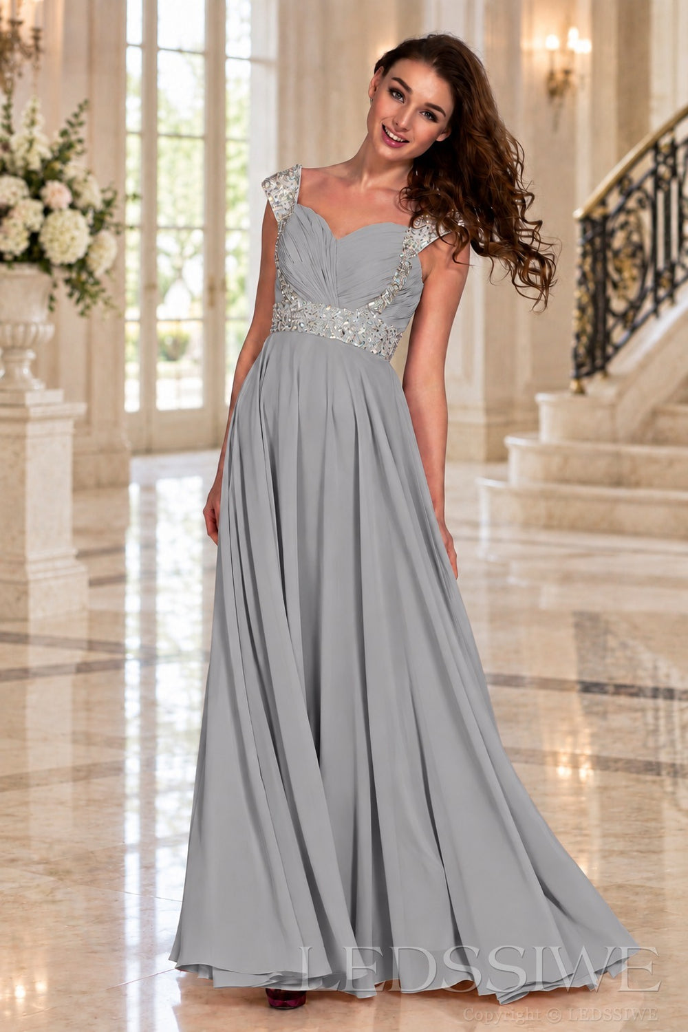 grey one-shoulder chiffon a-line prom dress with beaded strap and waist