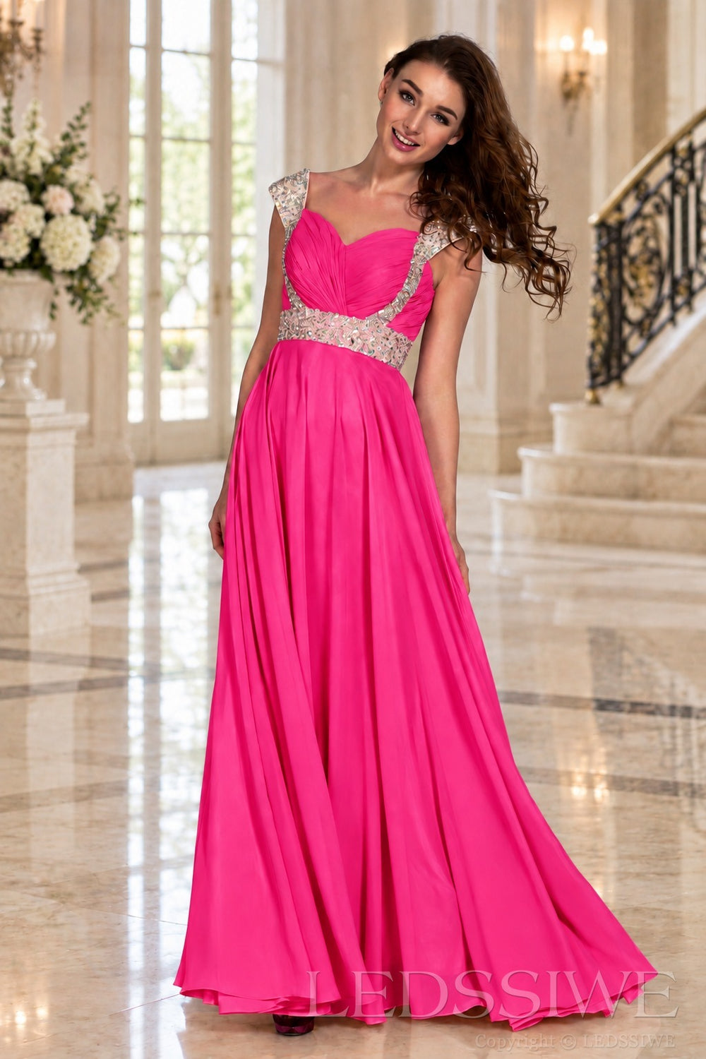 hot-pink one-shoulder chiffon a-line prom dress with beaded strap and waist