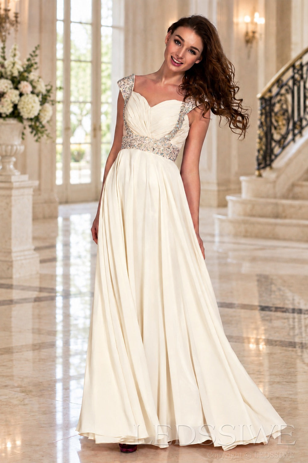 ivory one-shoulder chiffon a-line prom dress with beaded strap and waist