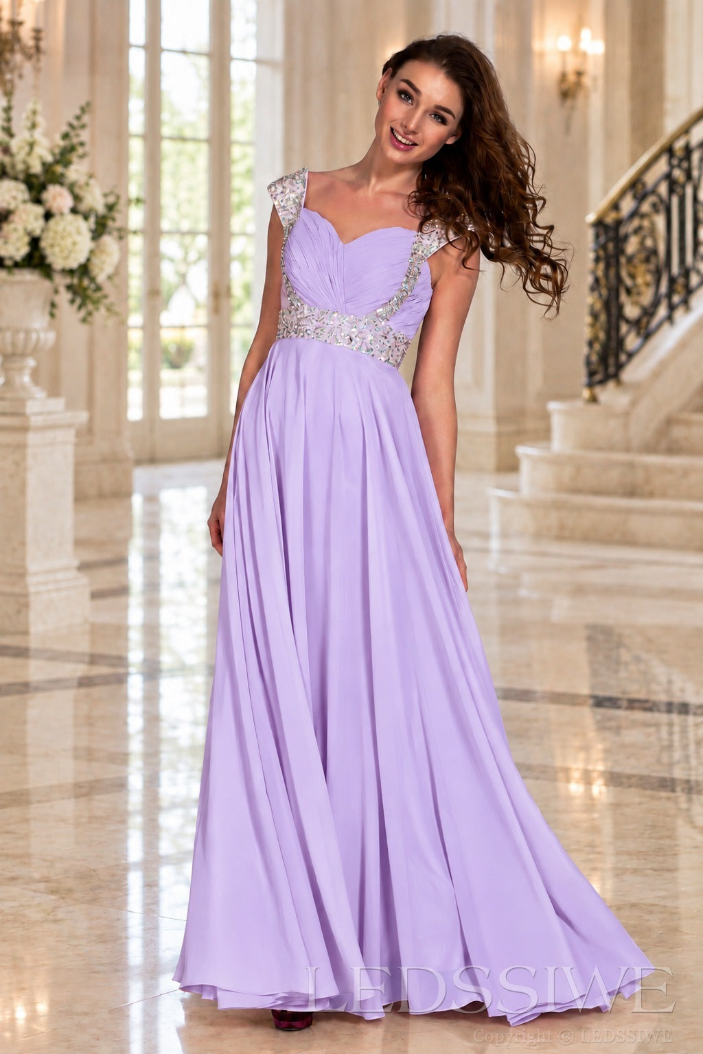 lavender one-shoulder chiffon a-line prom dress with beaded strap and waist