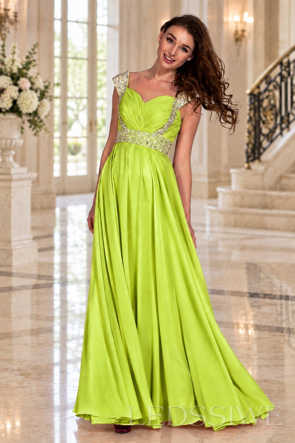 lime-green one-shoulder chiffon a-line prom dress with beaded strap and waist