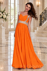 orange one-shoulder chiffon a-line prom dress with beaded strap and waist