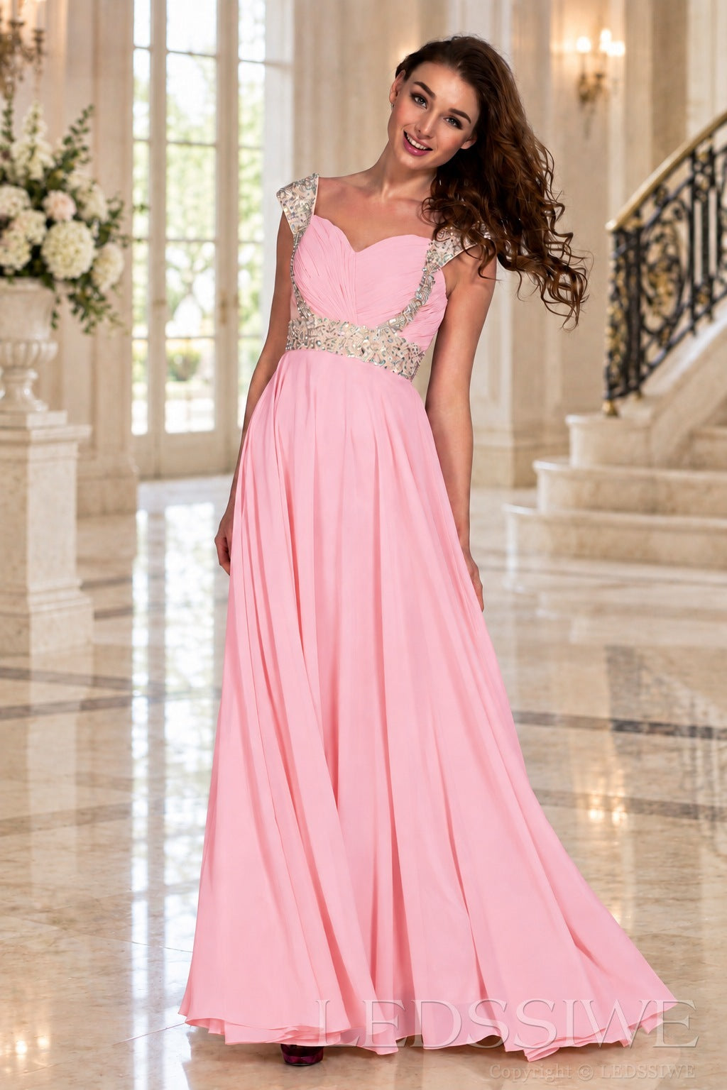 pink one-shoulder chiffon a-line prom dress with beaded strap and waist