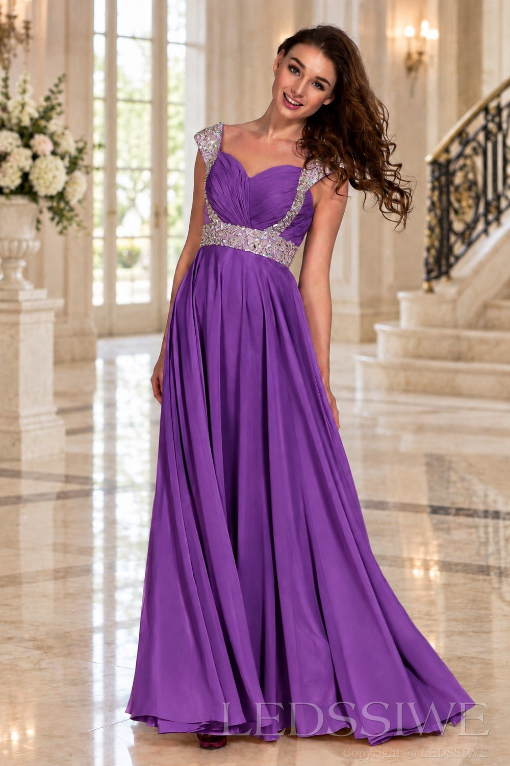 purple one-shoulder chiffon a-line prom dress with beaded strap and waist
